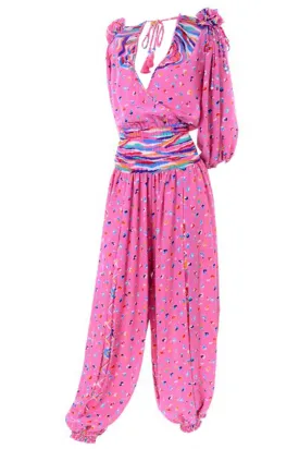 1980's Diane Freis Pink Balloon Leg Jumpsuit in Abstract Print w/ Puff Sleeves