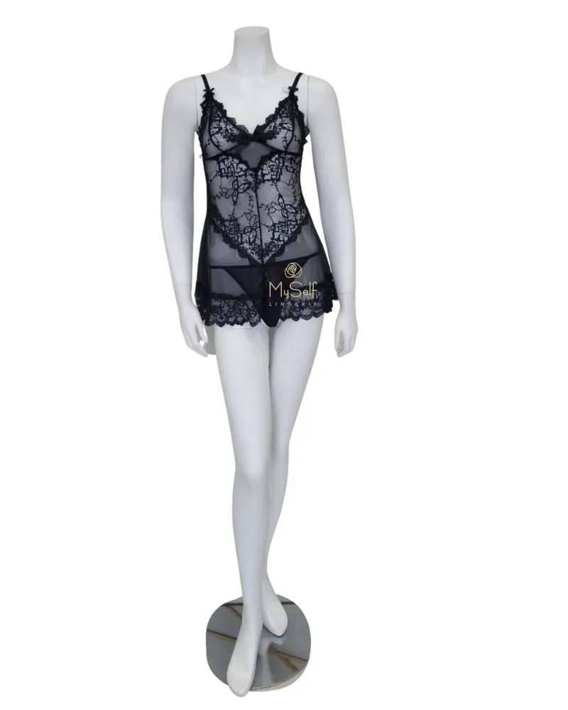 2139 Black Lacey Babydoll with Bows & G-String