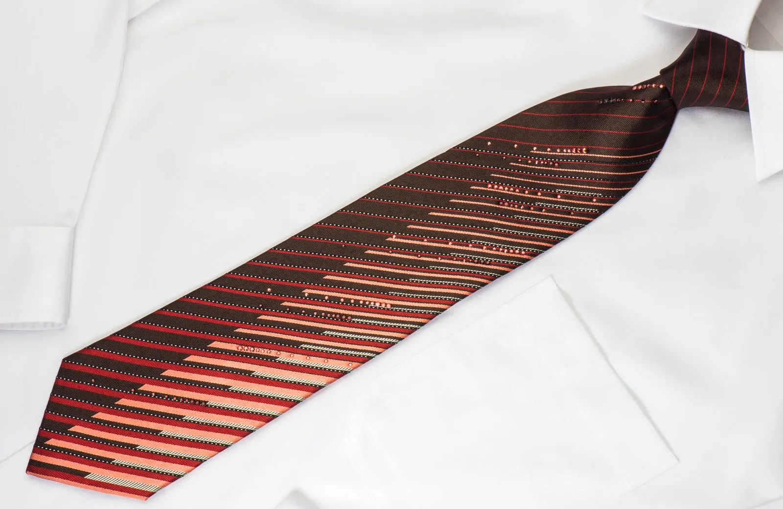 Charles Jourdan Rhinestone Necktie Orange Striped On Dark Brown With Silver Sparkles