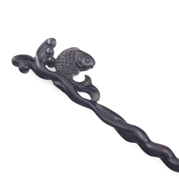 CrystalMood Handmade Carved Wood Hair Stick Carp Leap