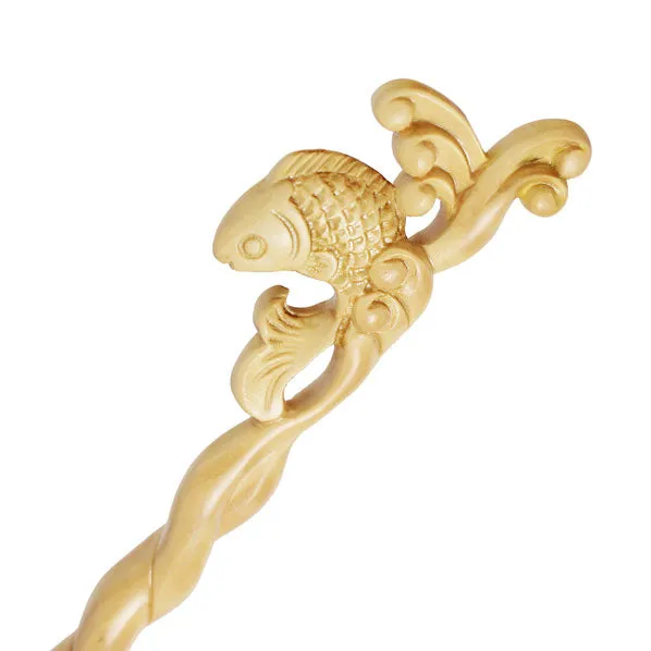 CrystalMood Handmade Carved Wood Hair Stick Carp Leap