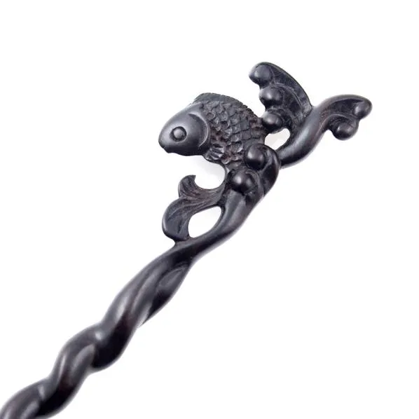 CrystalMood Handmade Carved Wood Hair Stick Carp Leap