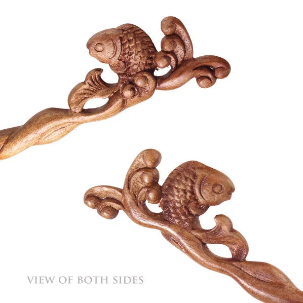 CrystalMood Handmade Carved Wood Hair Stick Carp Leap