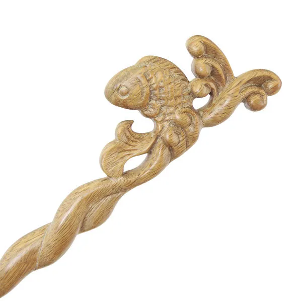 CrystalMood Handmade Carved Wood Hair Stick Carp Leap