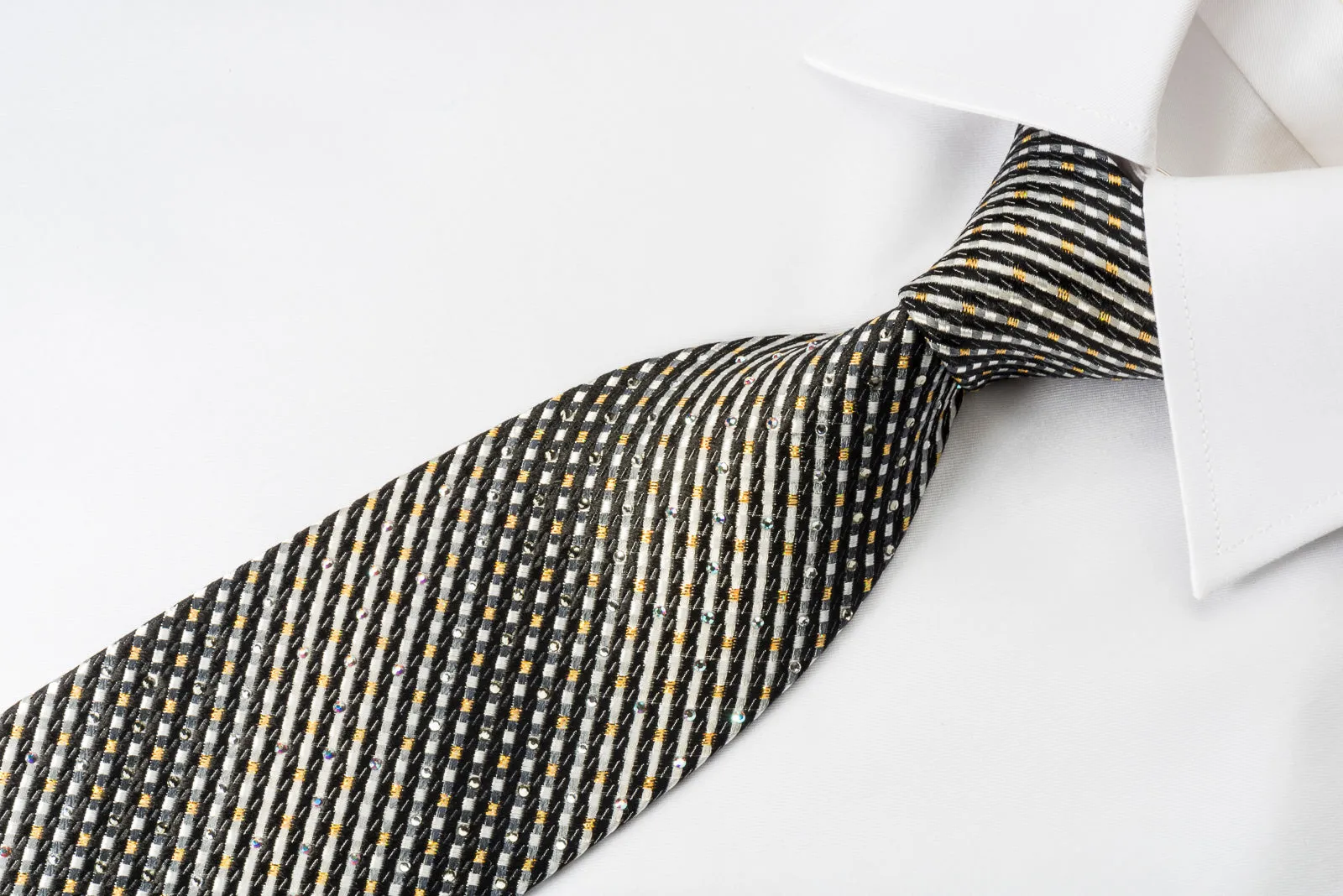 Daks Rhinestone Silk Necktie Silver Charcoal Black Striped With Golden Sparkles