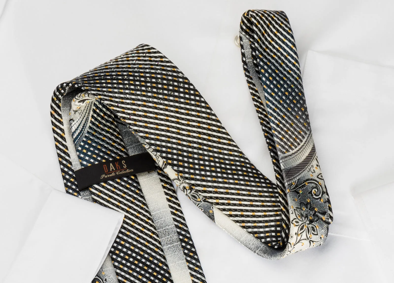 Daks Rhinestone Silk Necktie Silver Charcoal Black Striped With Golden Sparkles