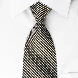 Daks Rhinestone Silk Necktie Silver Charcoal Black Striped With Golden Sparkles