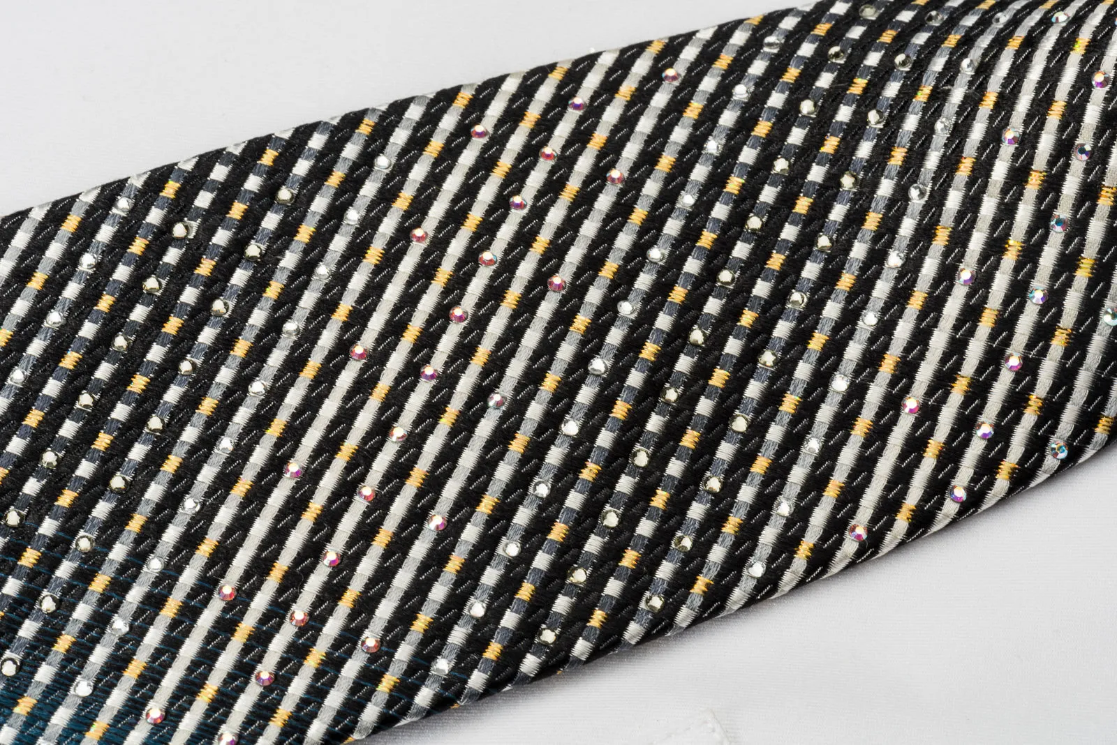 Daks Rhinestone Silk Necktie Silver Charcoal Black Striped With Golden Sparkles