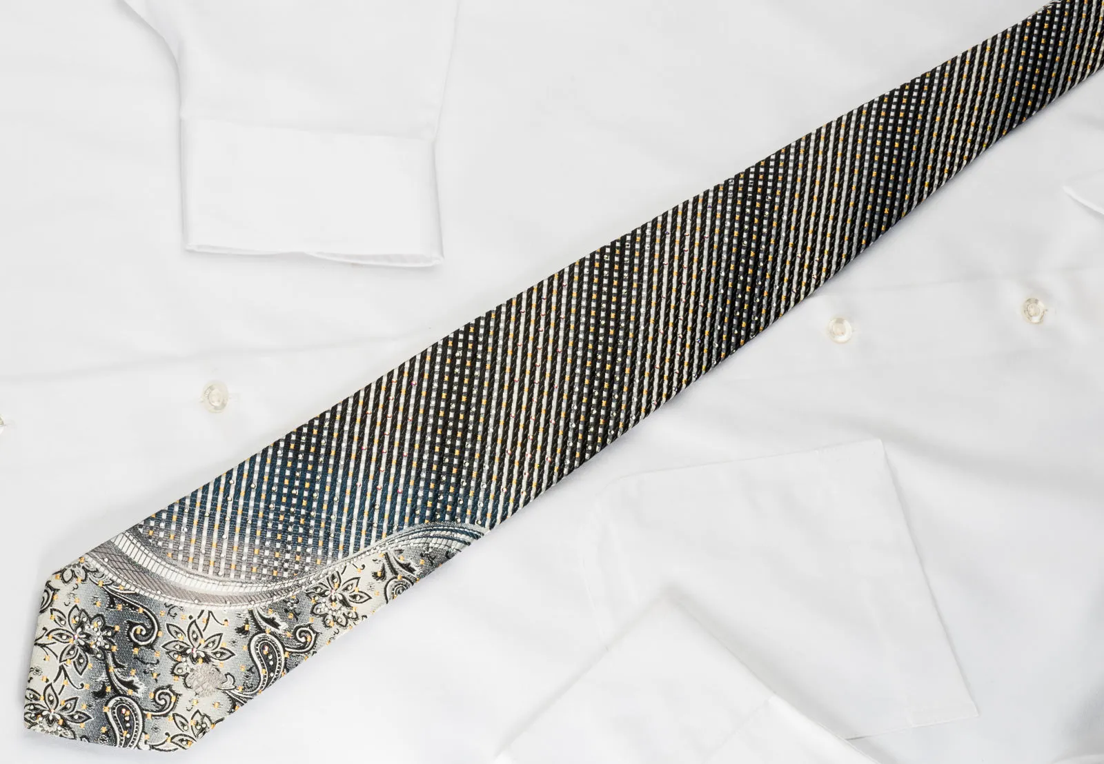 Daks Rhinestone Silk Necktie Silver Charcoal Black Striped With Golden Sparkles