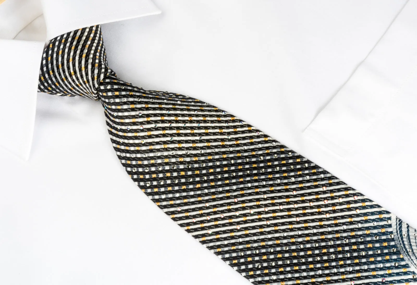 Daks Rhinestone Silk Necktie Silver Charcoal Black Striped With Golden Sparkles