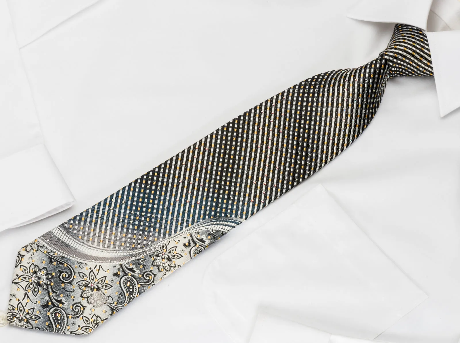 Daks Rhinestone Silk Necktie Silver Charcoal Black Striped With Golden Sparkles