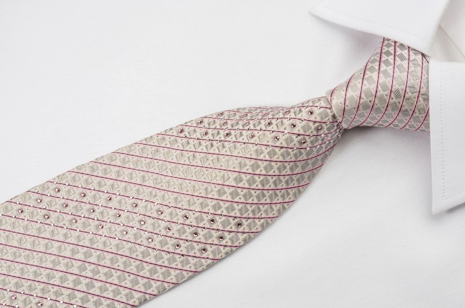 Daniel Hechter Silk Rhinestone Necktie Pink Striped On White With Silver Sparkles