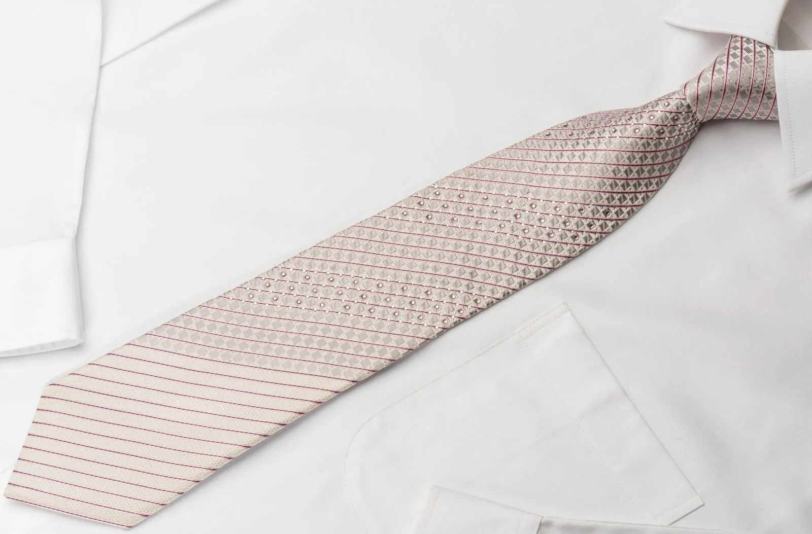 Daniel Hechter Silk Rhinestone Necktie Pink Striped On White With Silver Sparkles