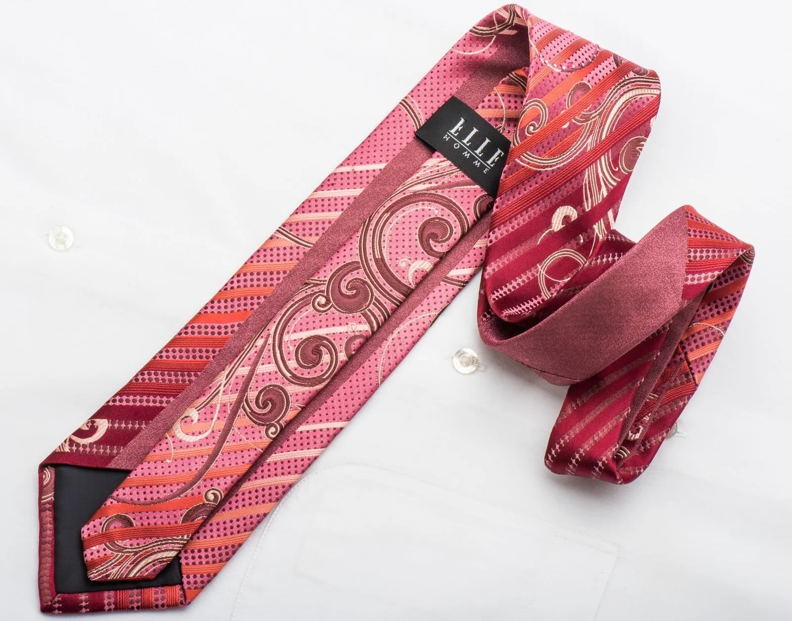 Elle Homme Men's Rhinestone Tie Scrolls & Striped On Burgundy Pink With Sparkles