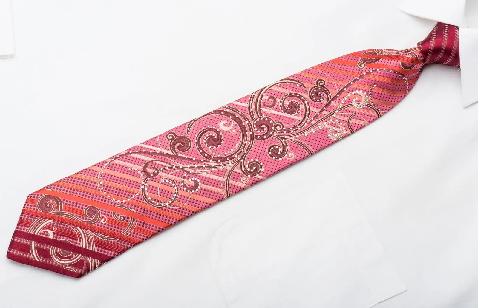 Elle Homme Men's Rhinestone Tie Scrolls & Striped On Burgundy Pink With Sparkles