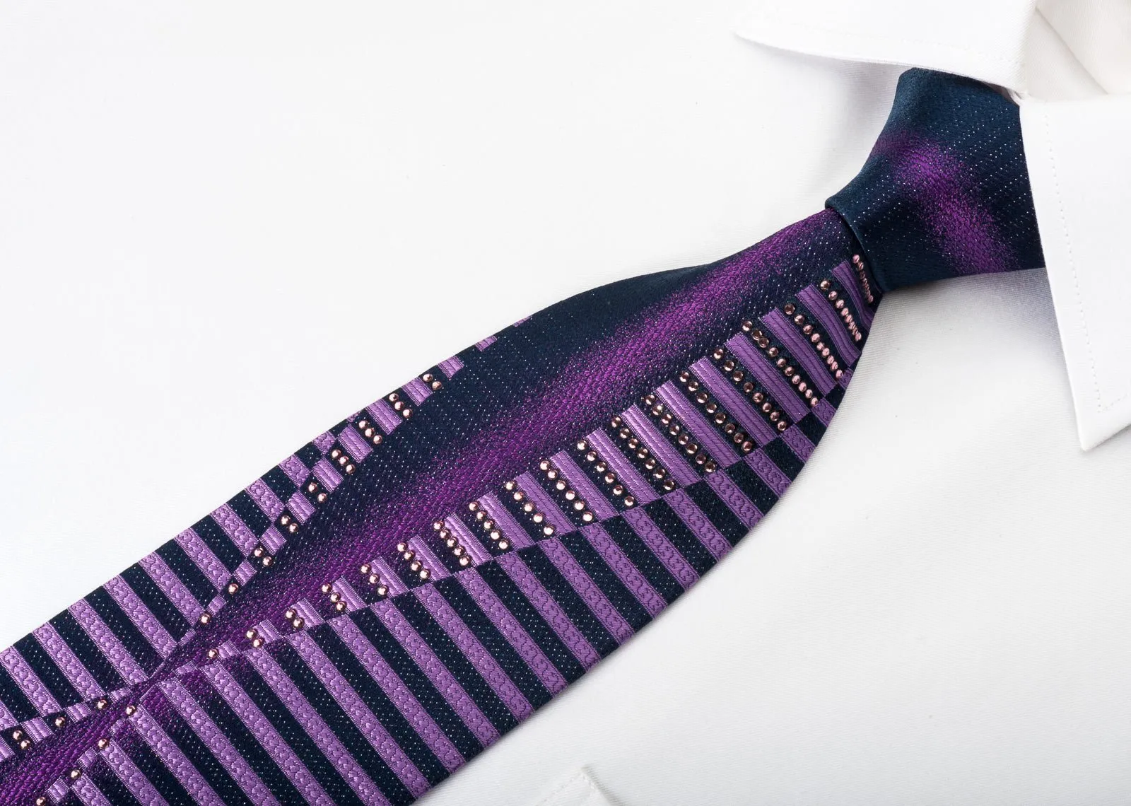 Elle Homme Rhinestone Silk Necktie Geometric Stripes On Purple With Silver Sparkles