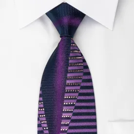 Elle Homme Rhinestone Silk Necktie Geometric Stripes On Purple With Silver Sparkles