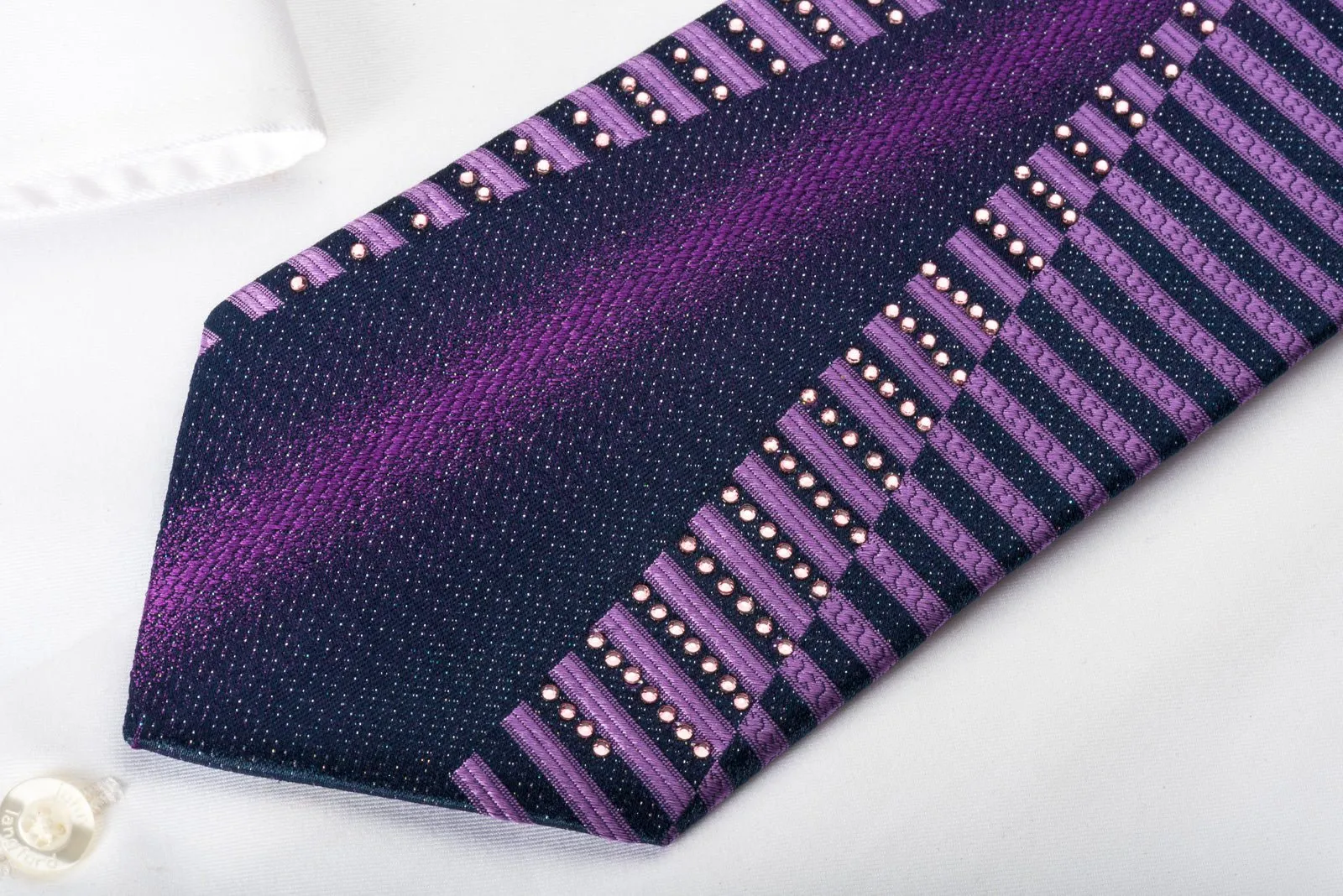 Elle Homme Rhinestone Silk Necktie Geometric Stripes On Purple With Silver Sparkles