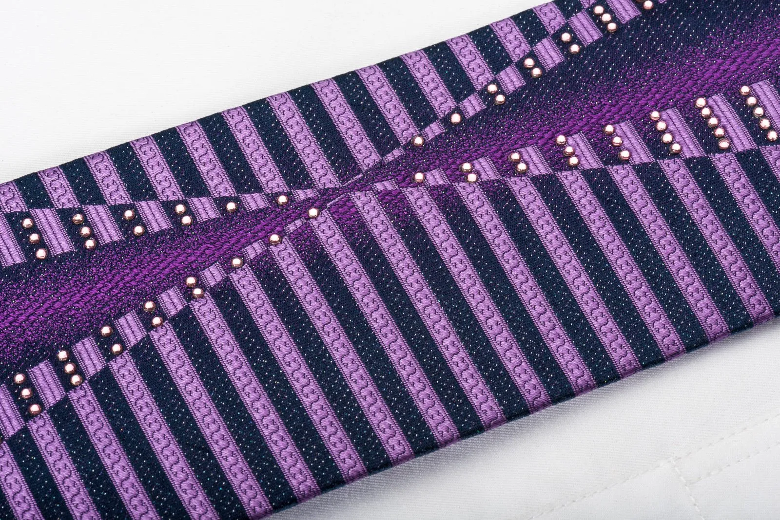 Elle Homme Rhinestone Silk Necktie Geometric Stripes On Purple With Silver Sparkles