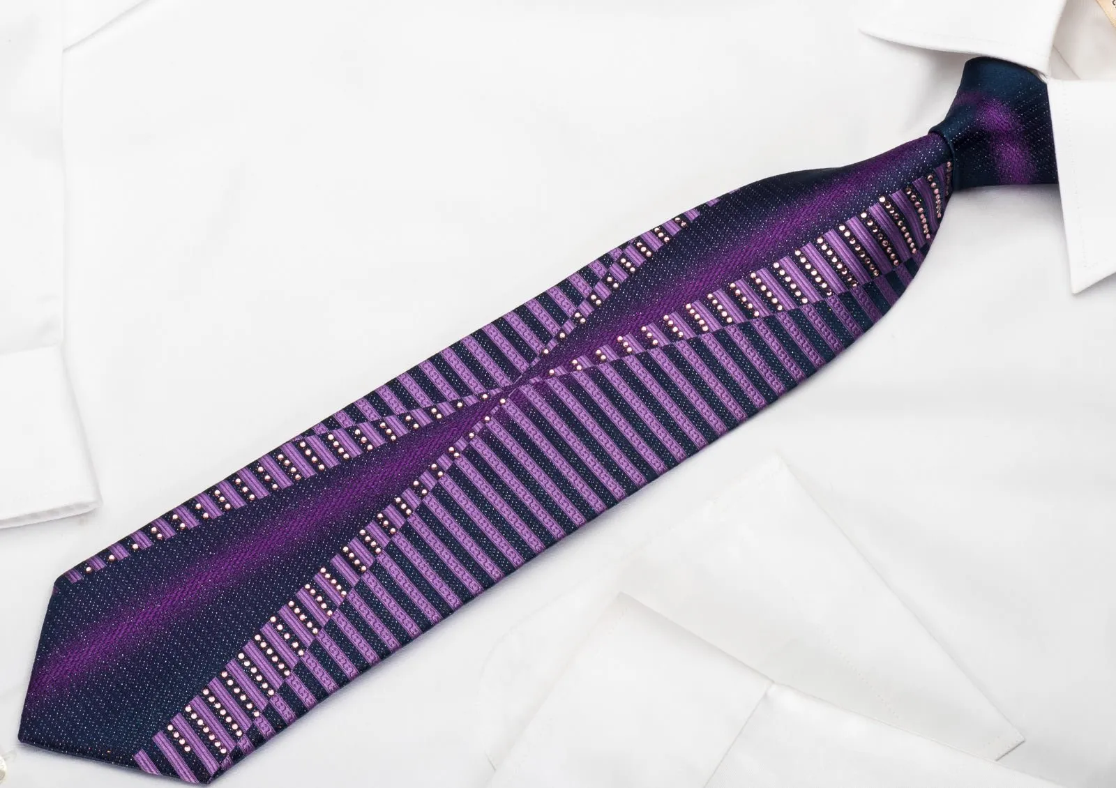 Elle Homme Rhinestone Silk Necktie Geometric Stripes On Purple With Silver Sparkles