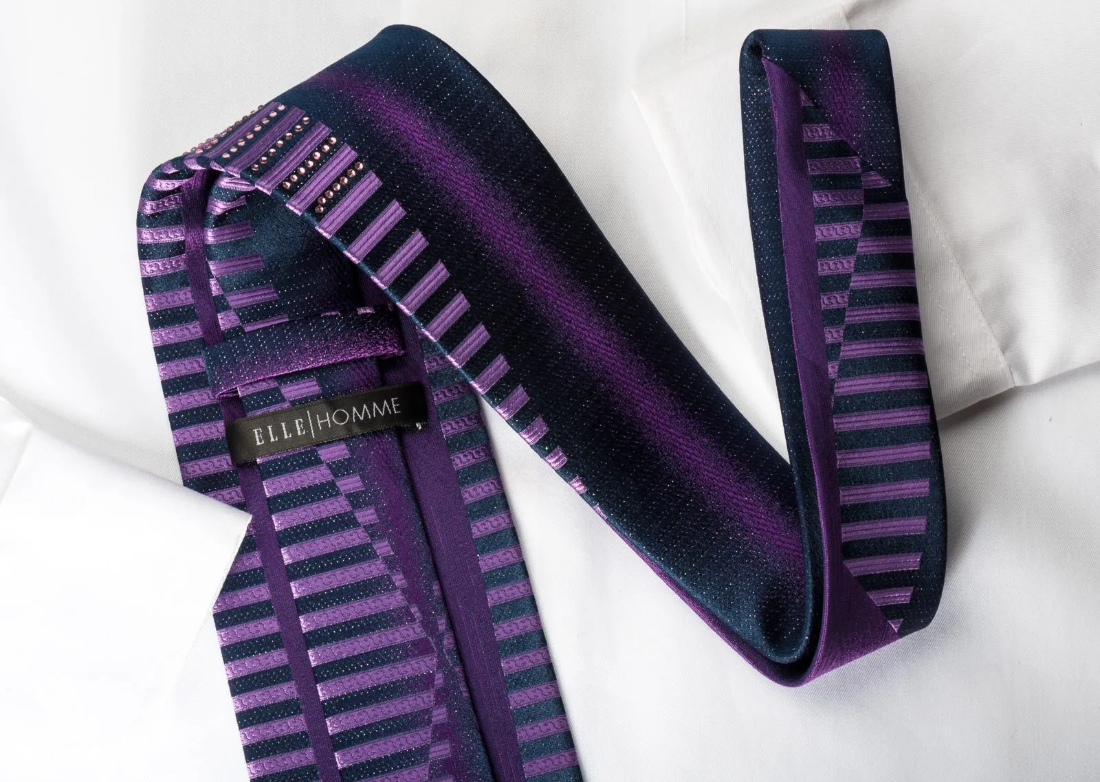 Elle Homme Rhinestone Silk Necktie Geometric Stripes On Purple With Silver Sparkles