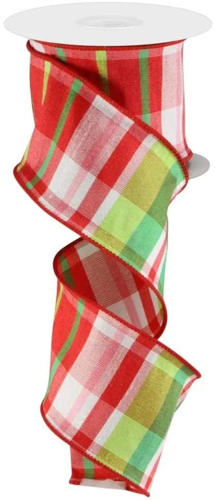 Faux Dupioni Plaid Wired Ribbon - 2 1/2 Inch x 10 Yards, Red, Pink, Green