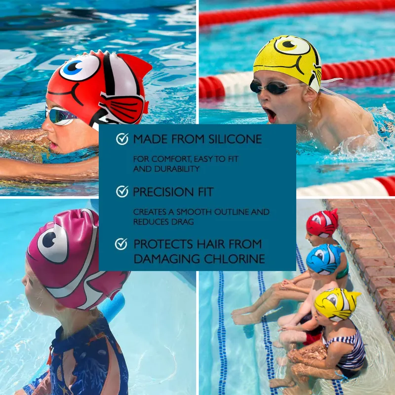 Fish Design Silicone Swimming Cap for Kids | Dark Blue Mix2