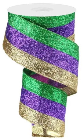 Glitter Striped Mardi Gras Ribbon - 2 1/2" x 10 Yards, Wired Edge