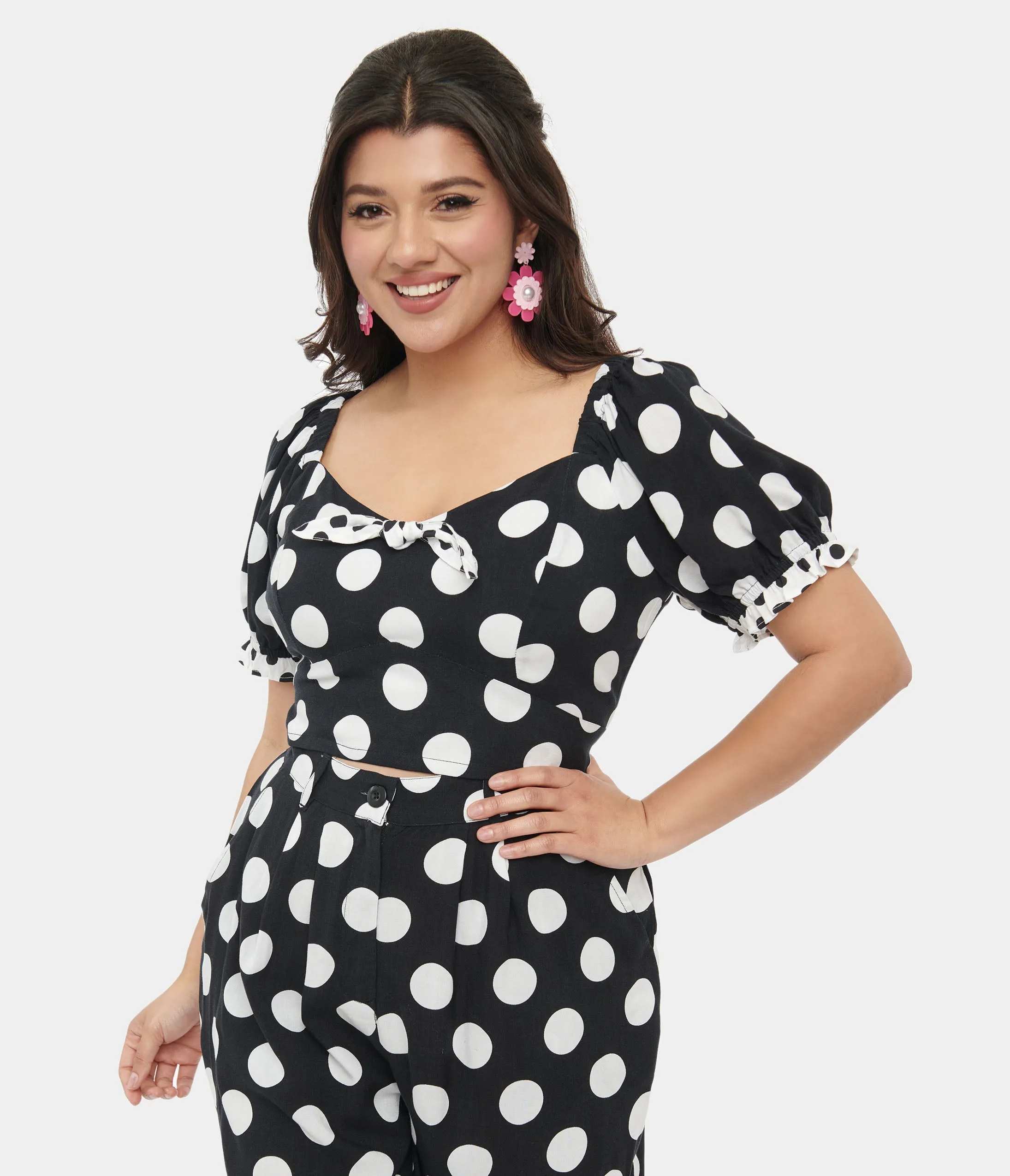 Hell Bunny 1960s Black & White Polka Dot Dolores Crop Top