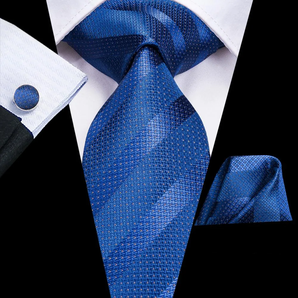 Hi-Tie Blue Ties Striped Men's Necktie Pocket Square Cufflinks Set