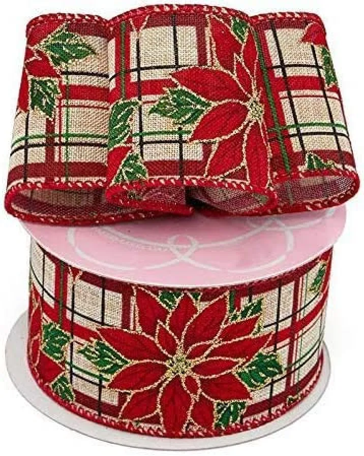 Poinsettia Plaid Christmas Tree Ribbon - 2 1/2" x 10 Yards