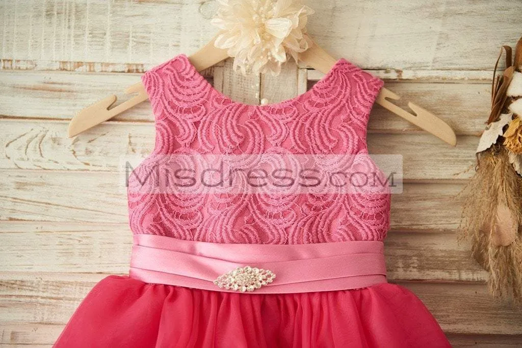 Princess Fuschia Lace Organza Wedding Flower Girl Dress, Belt/Bow