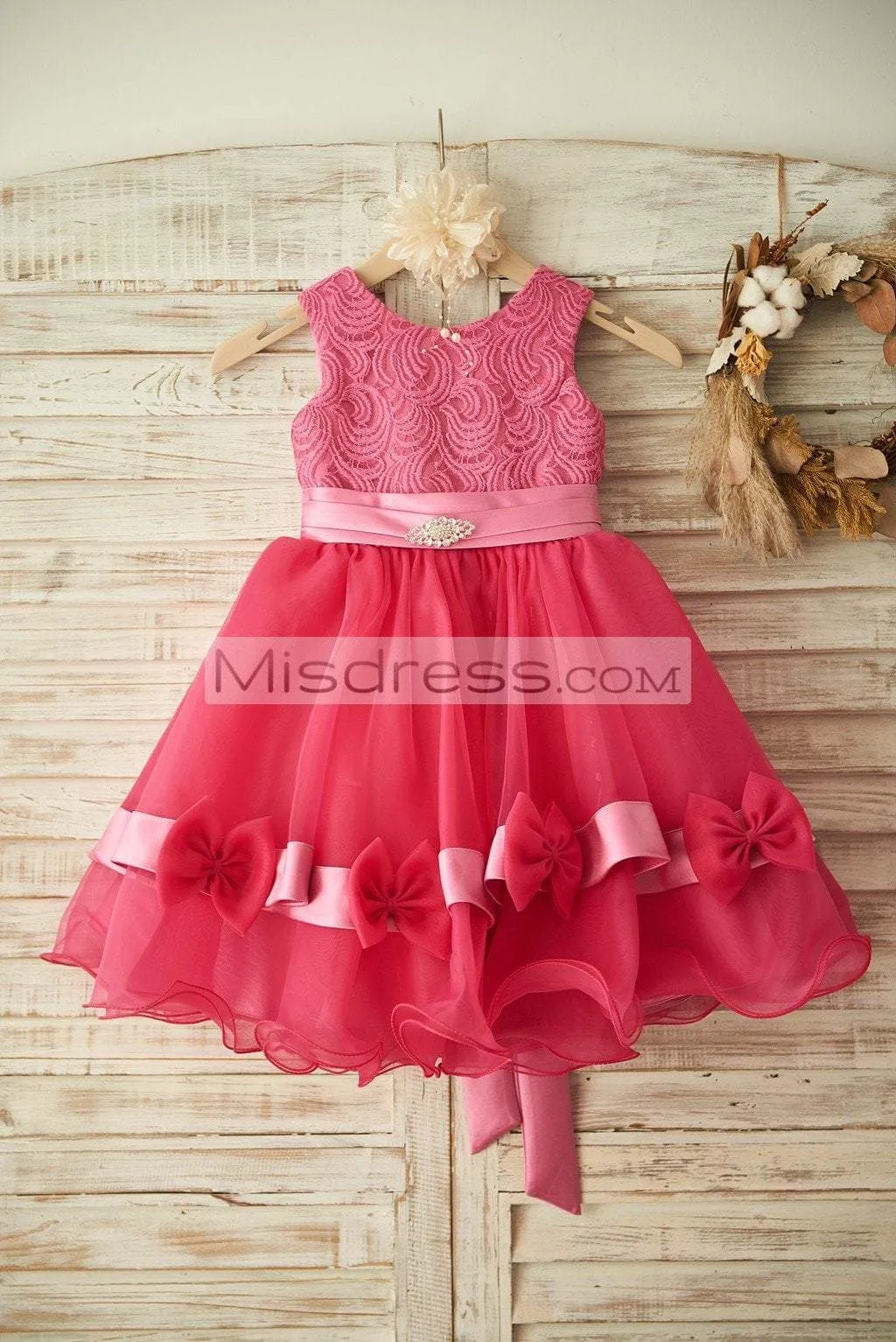 Princess Fuschia Lace Organza Wedding Flower Girl Dress, Belt/Bow