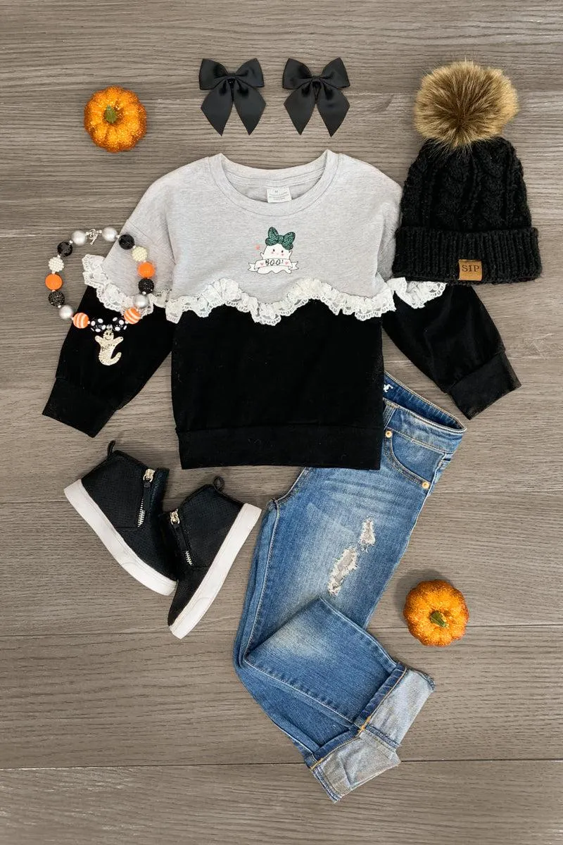 "BOO!" Lace Ruffle Long Sleeve Top