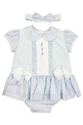 "Seraphina" Blue Floral Dress, Bloomers & Headband