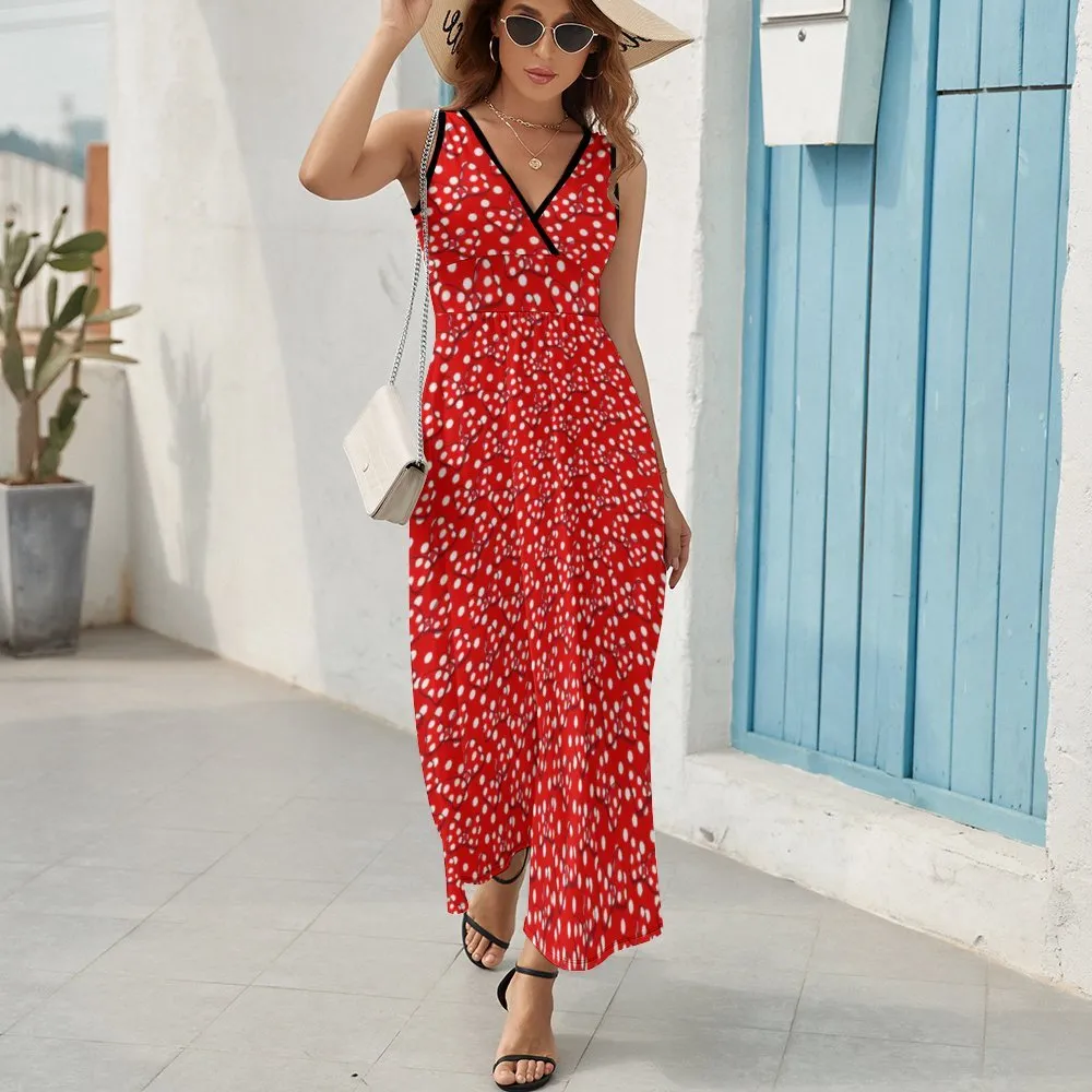 Red With White Polka Dot And Bows Women's Long Sleeveless Dress