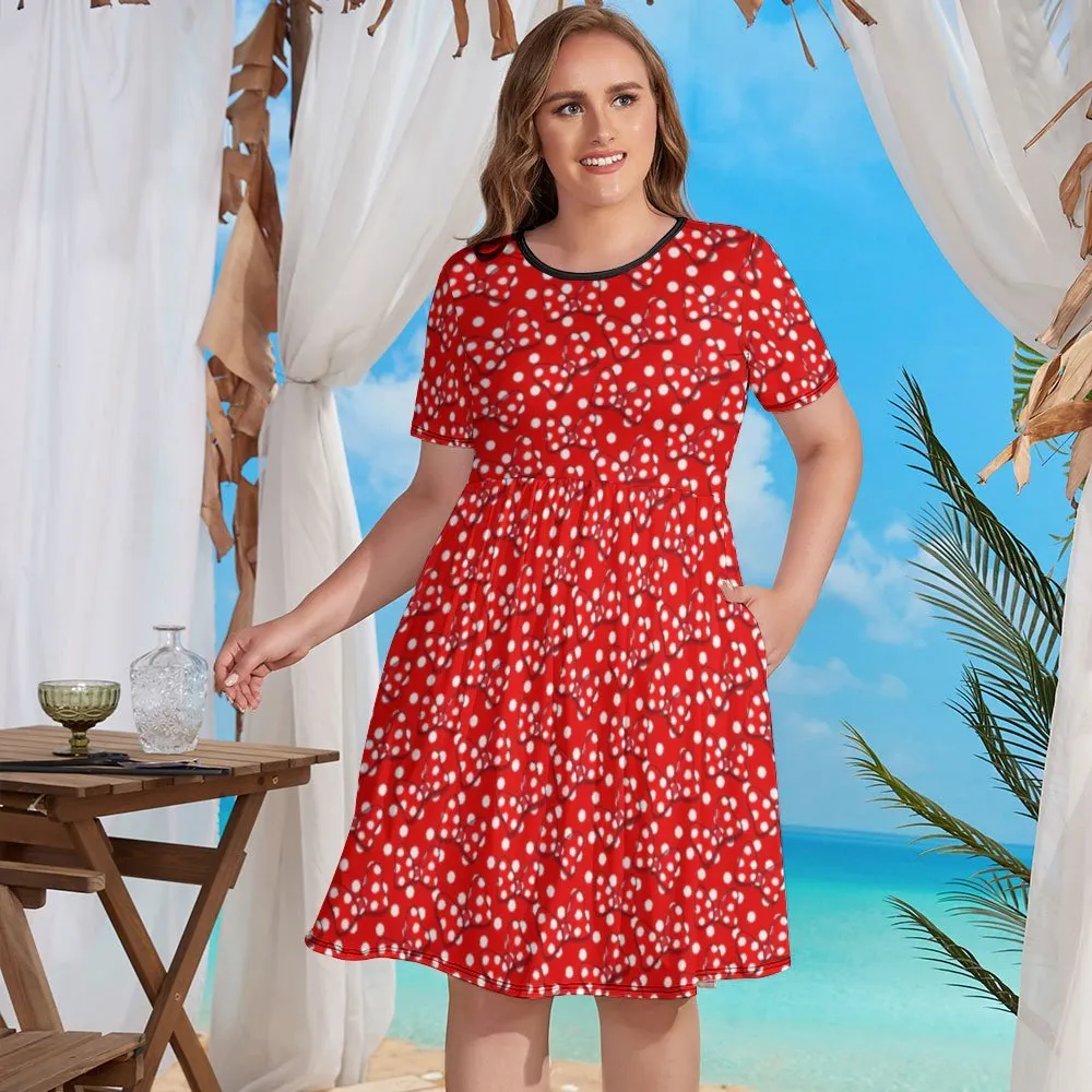 Red With White Polka Dot And Bows Women's Round Neck Plus Size Dress With Pockets