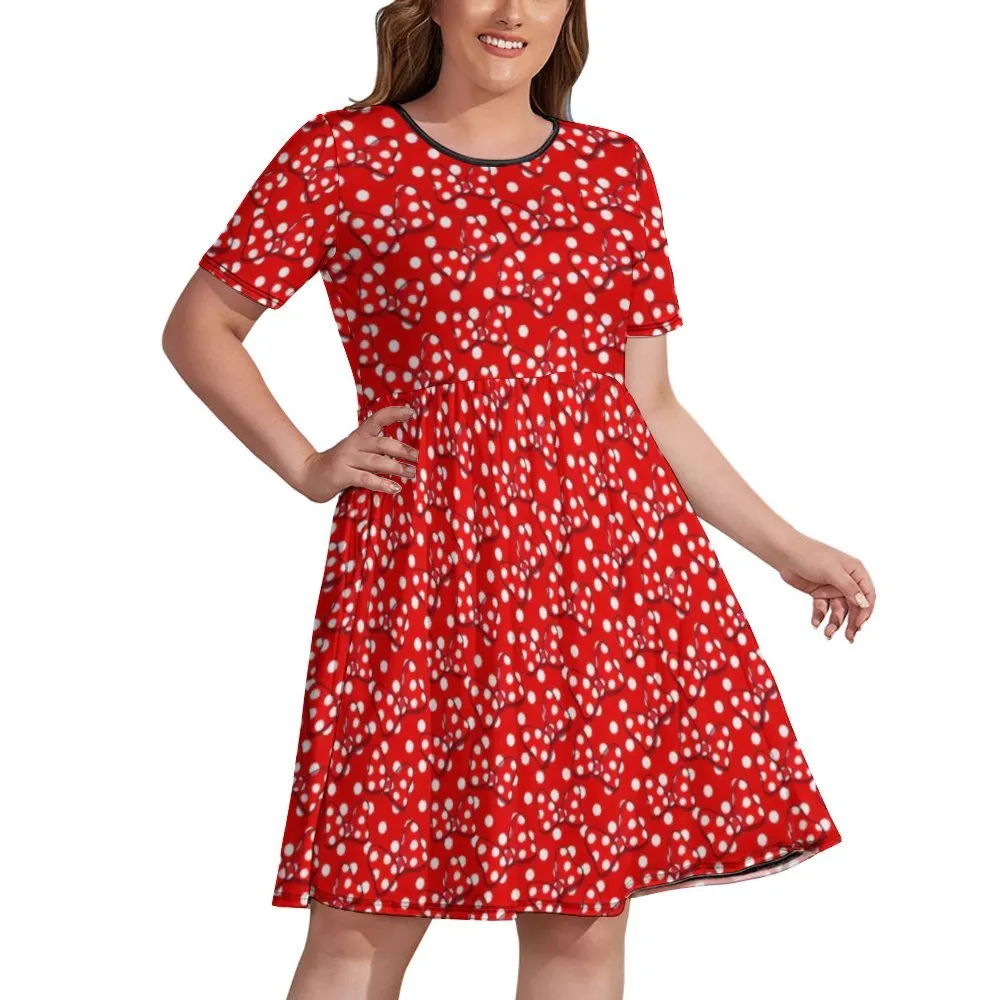 Red With White Polka Dot And Bows Women's Round Neck Plus Size Dress With Pockets