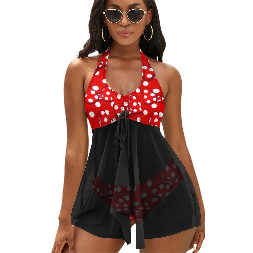 Red With White Polka Dot And Bows Women's Split Skirt Swimsuit