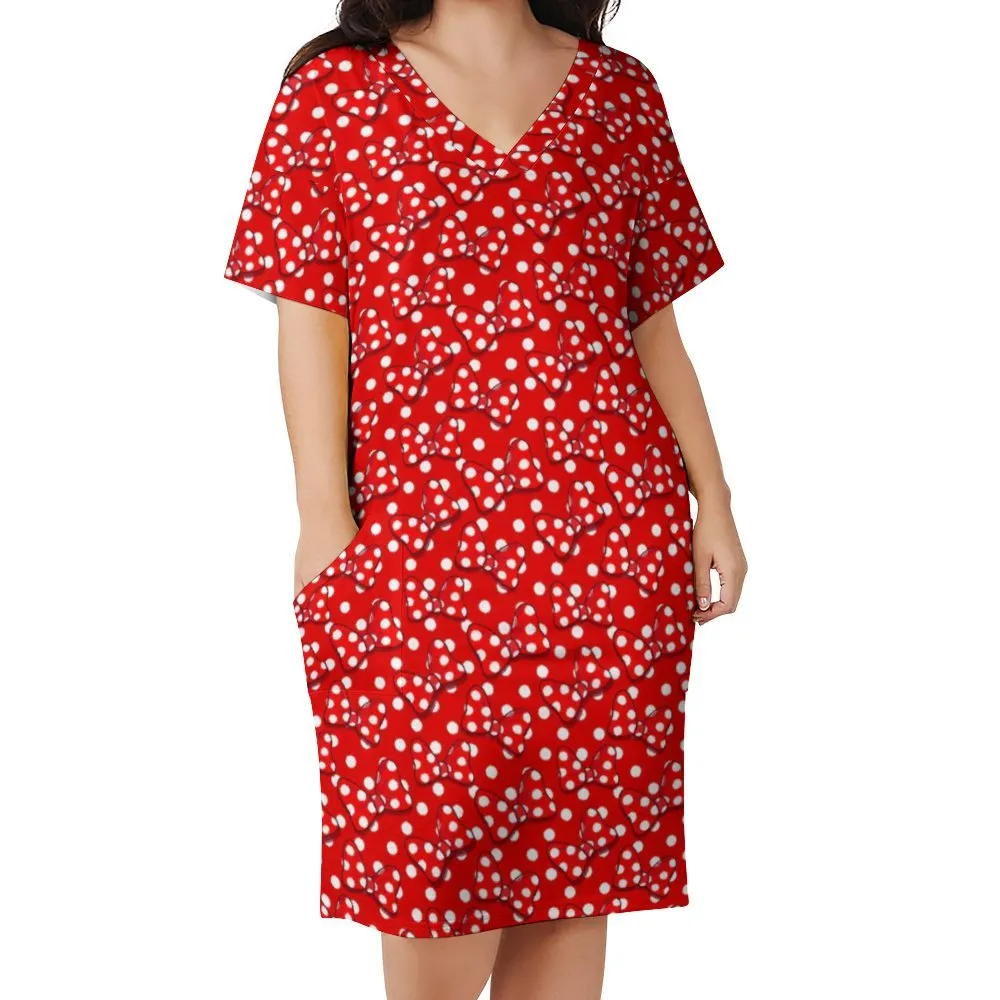 Red With White Polka Dot And Bows Women's V-neck Loose Dress With Pockets