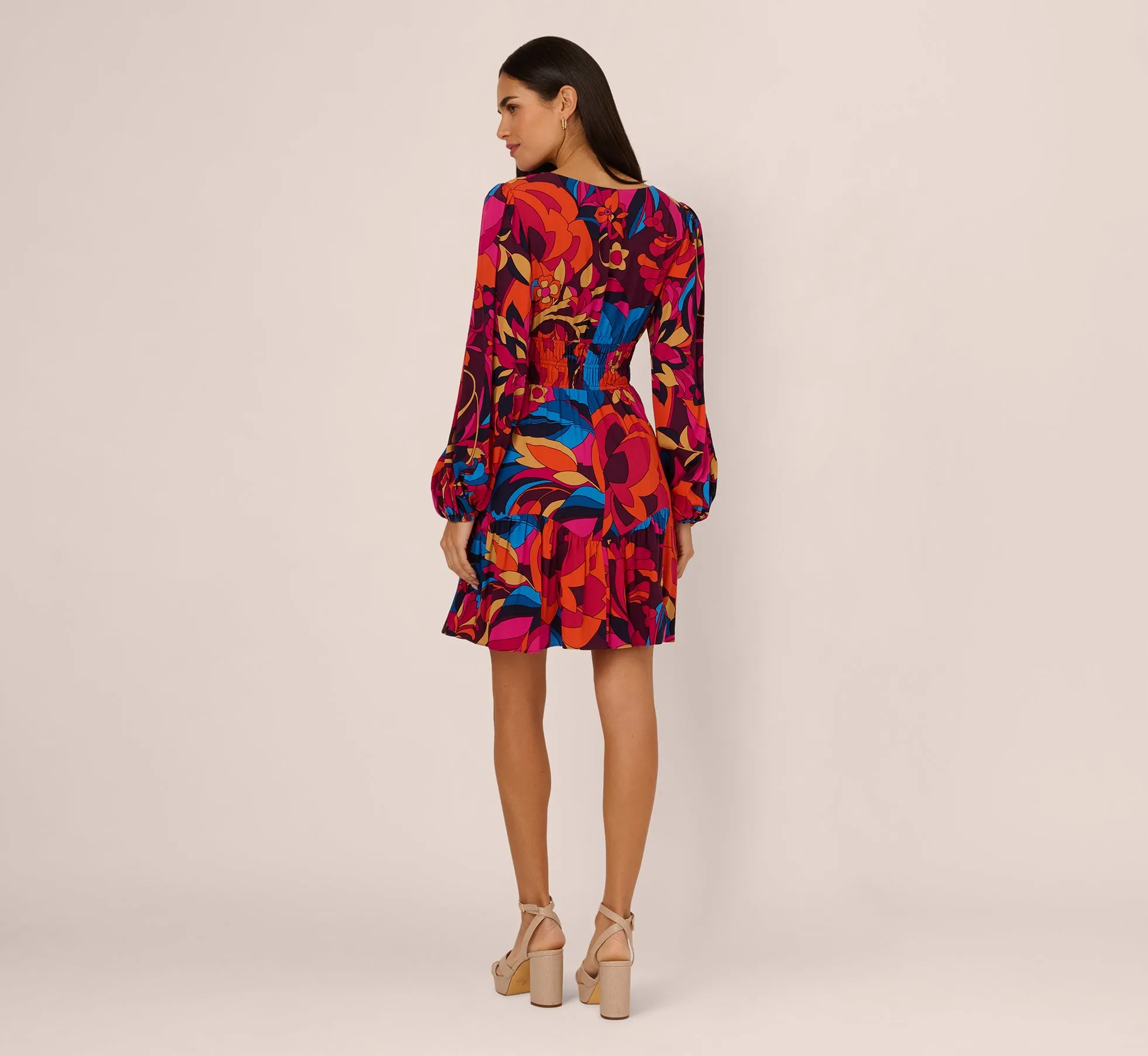 Retro Floral Print Shirred Dress With Long Bishop Sleeves In Berry Multi