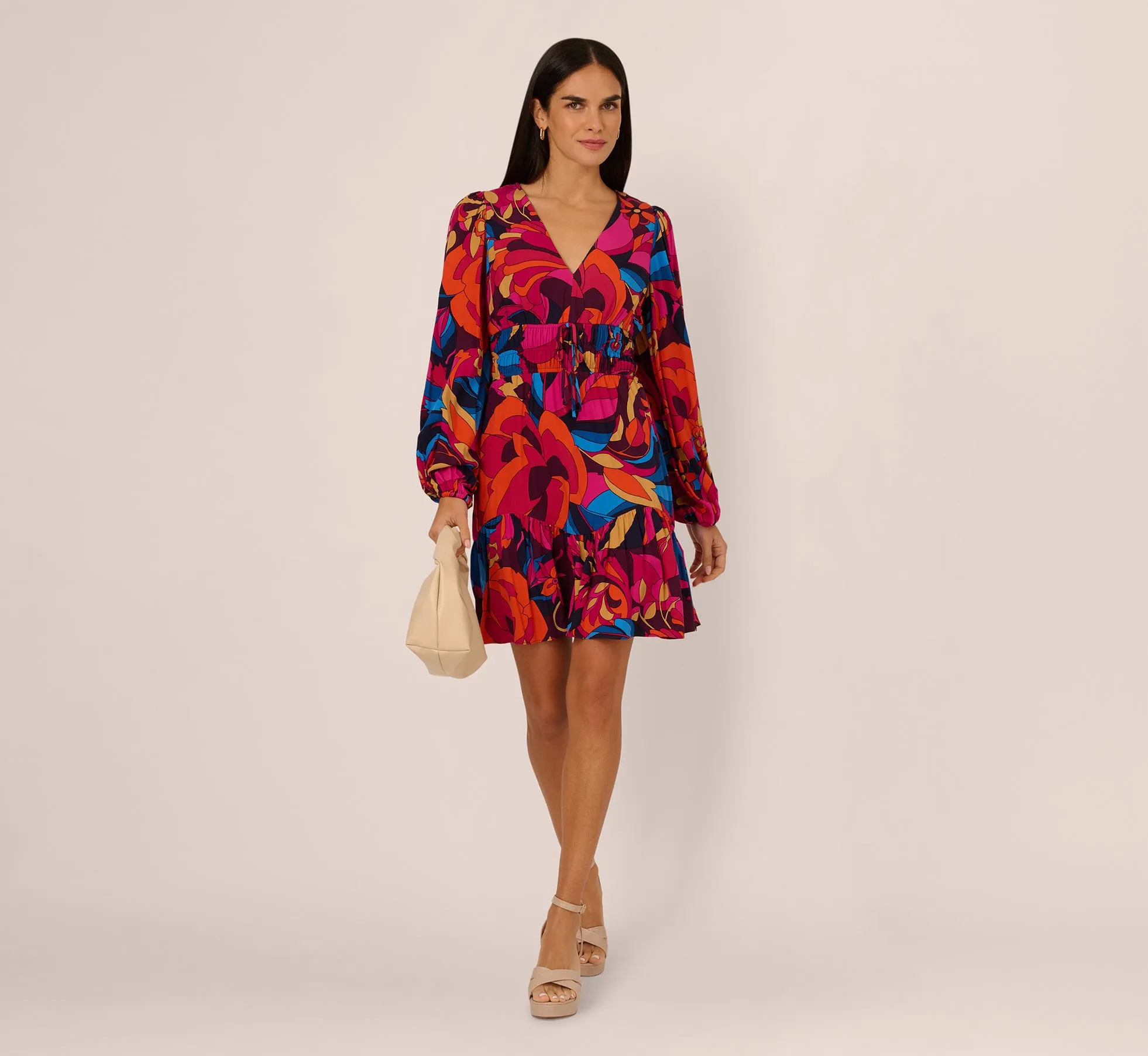 Retro Floral Print Shirred Dress With Long Bishop Sleeves In Berry Multi