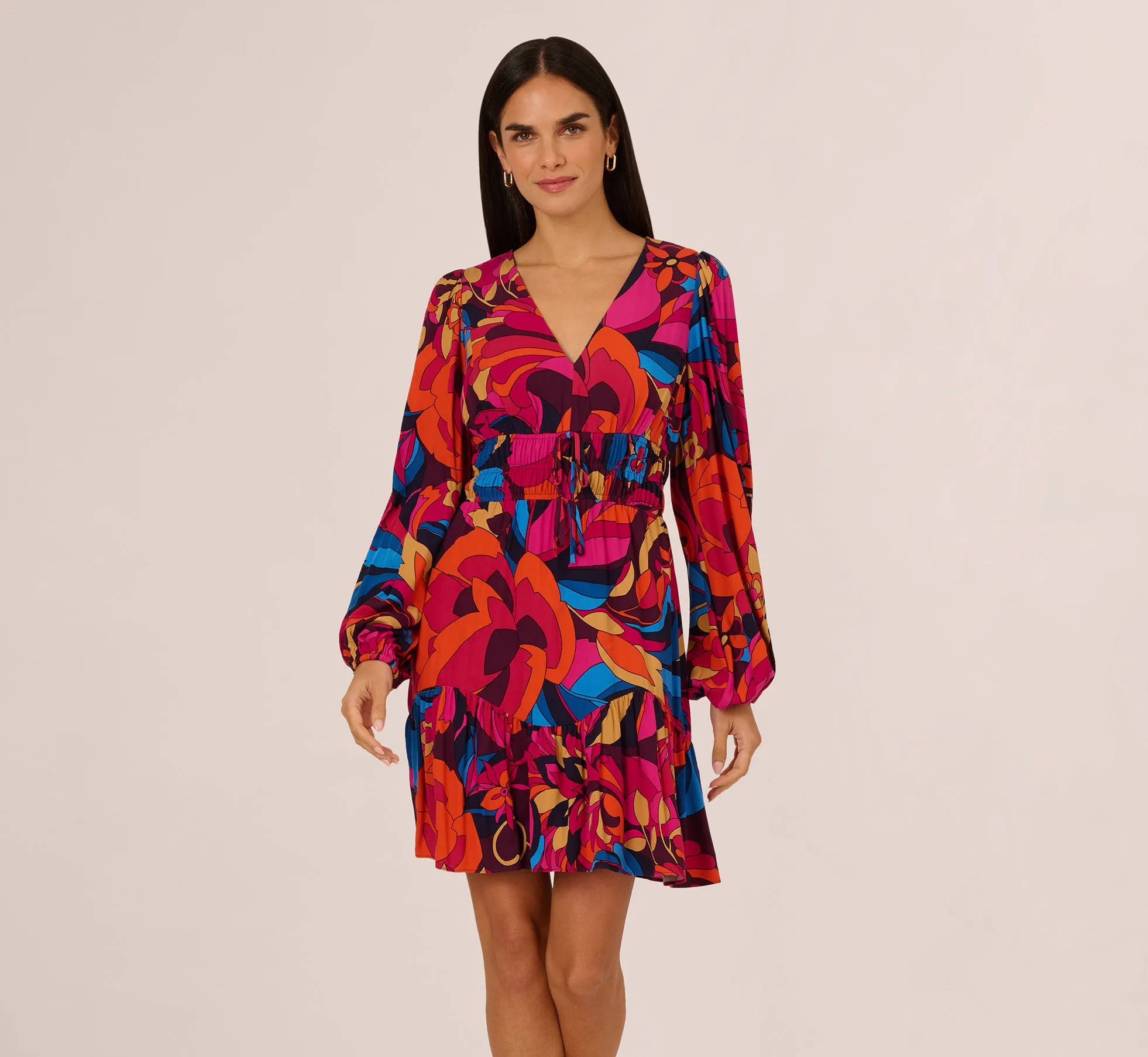 Retro Floral Print Shirred Dress With Long Bishop Sleeves In Berry Multi