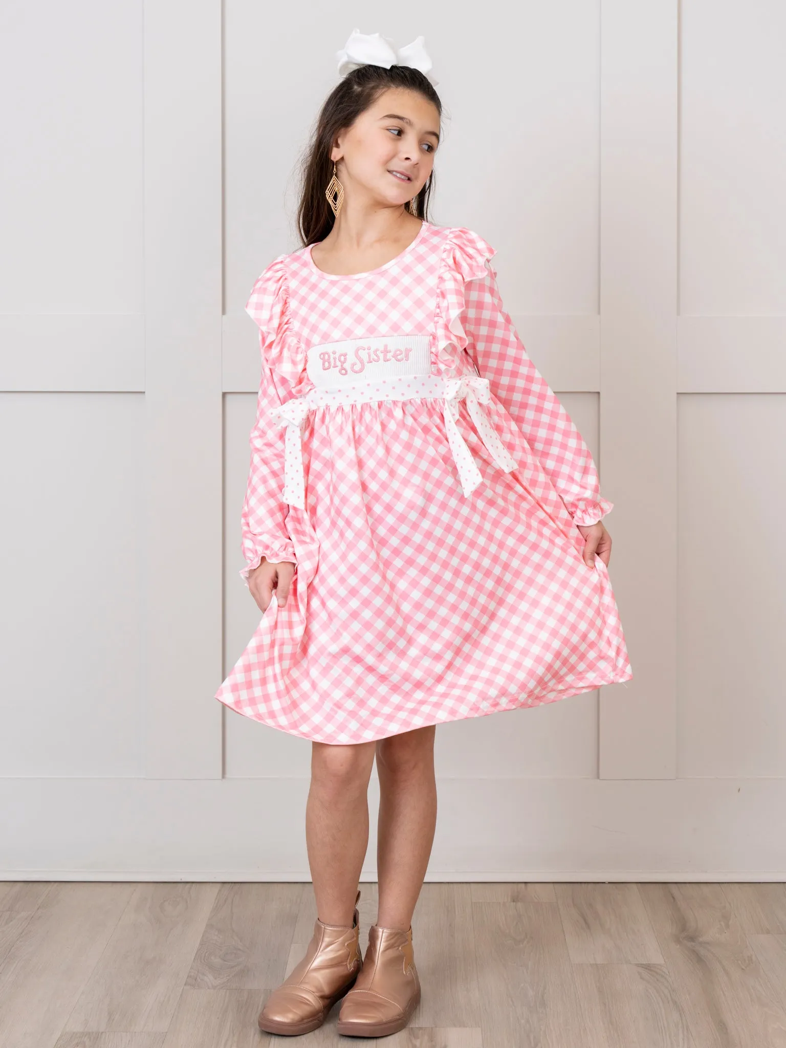 Rose Gingham Smocked "Big Sister" Ruffle Dress