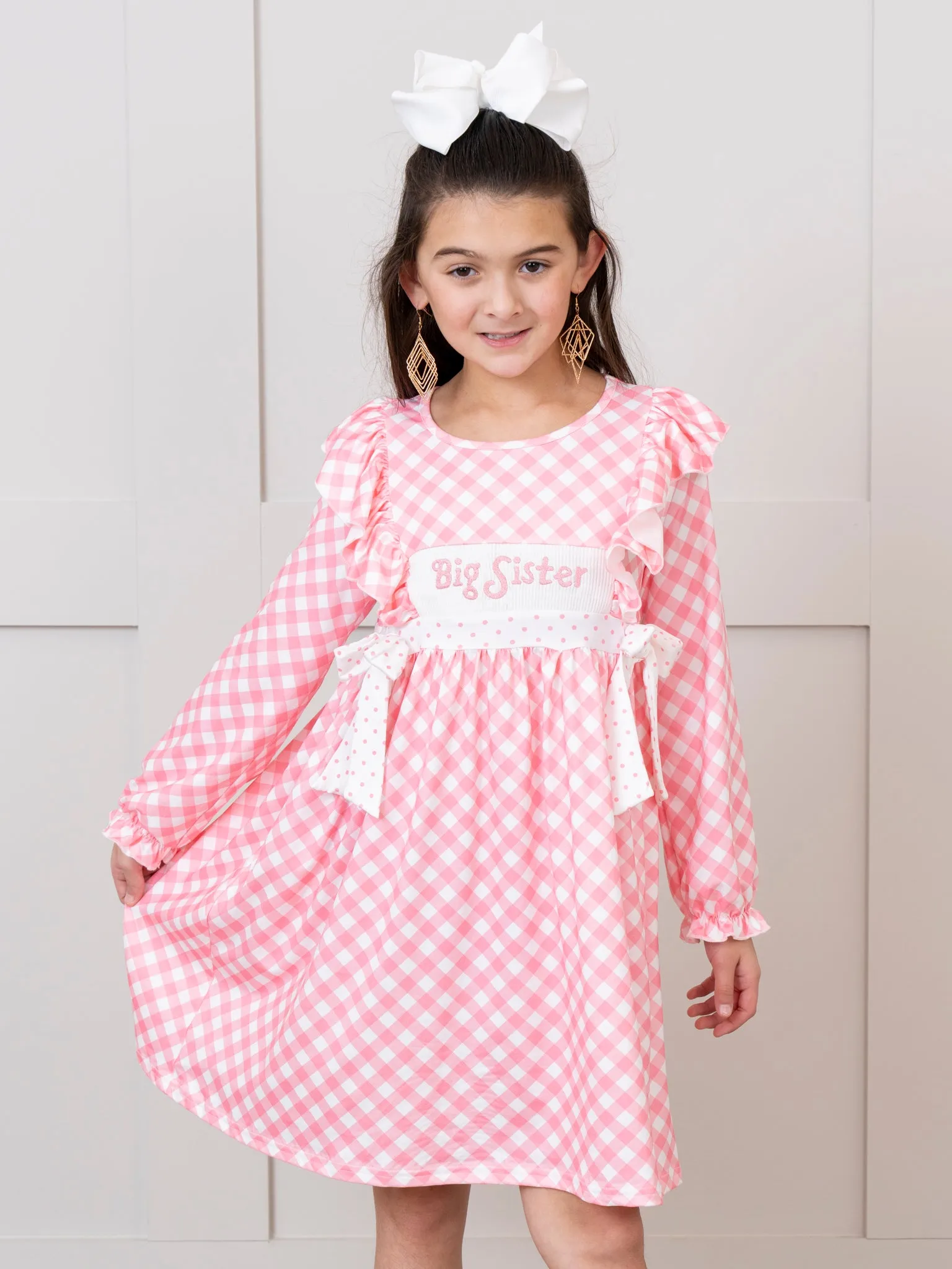 Rose Gingham Smocked "Big Sister" Ruffle Dress