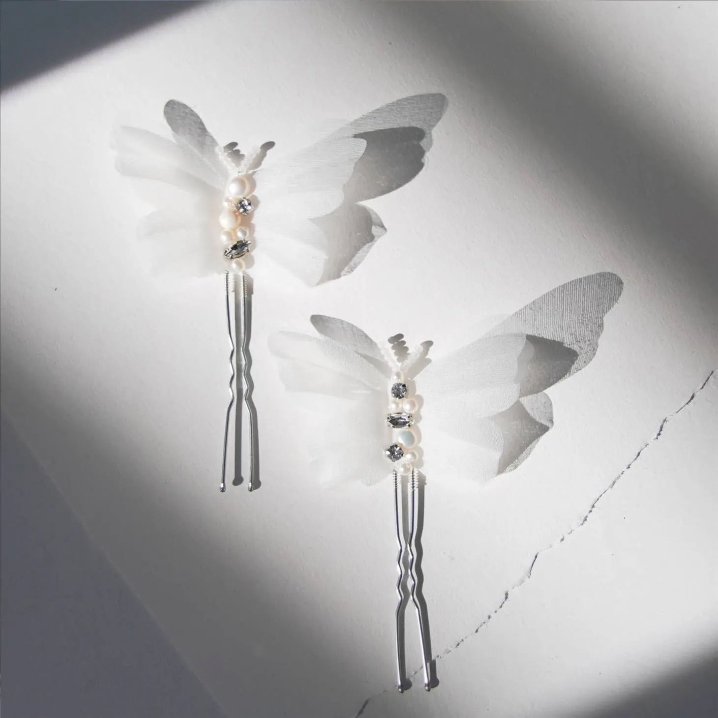 Silk Organza BUTTERFLIES and Freshwater Pearls Hairpins Set