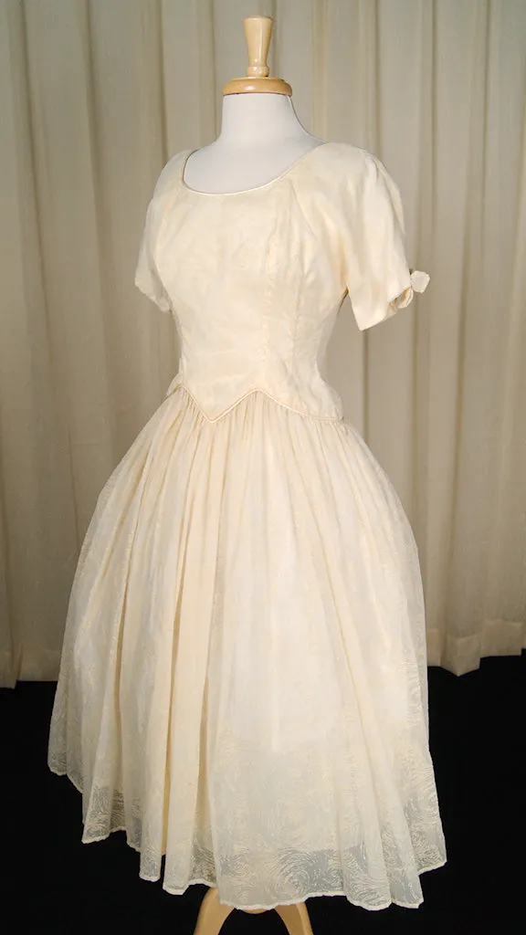 Vintage 1950s Ivory Flocked Swing Dress