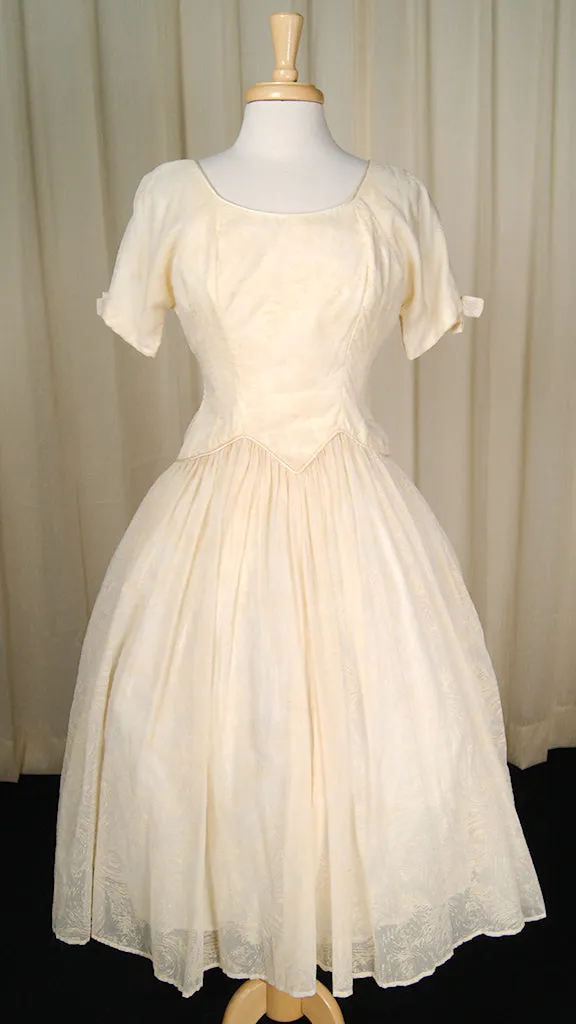 Vintage 1950s Ivory Flocked Swing Dress