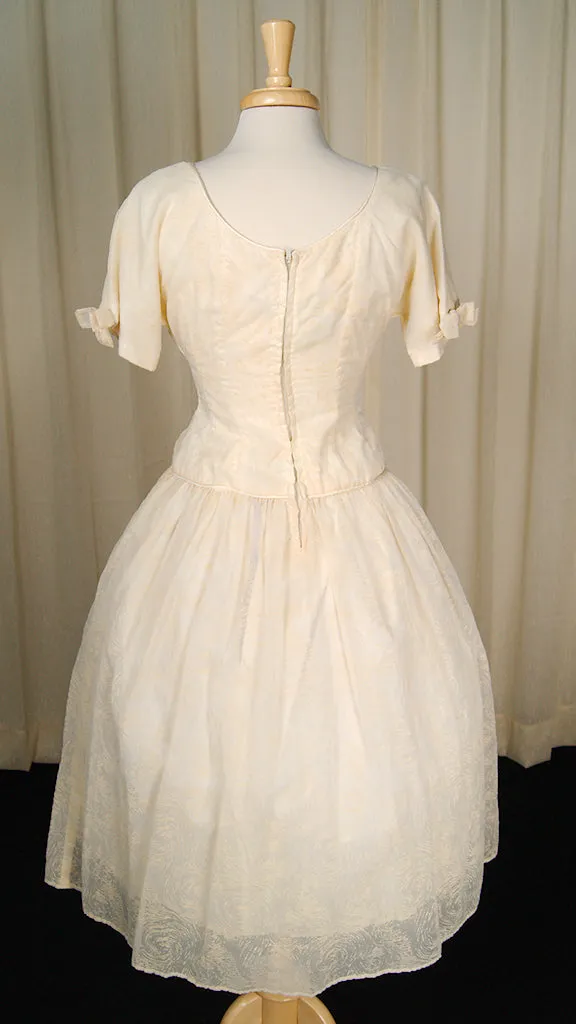 Vintage 1950s Ivory Flocked Swing Dress