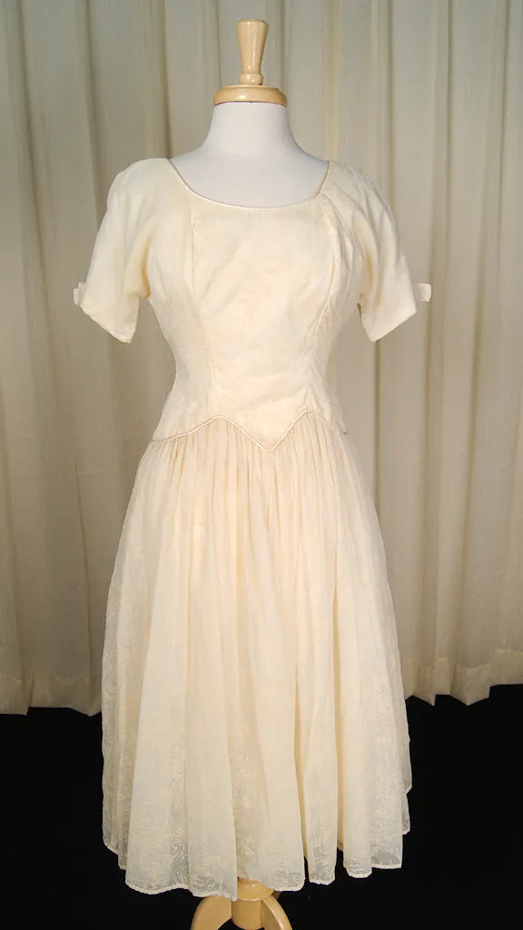 Vintage 1950s Ivory Flocked Swing Dress